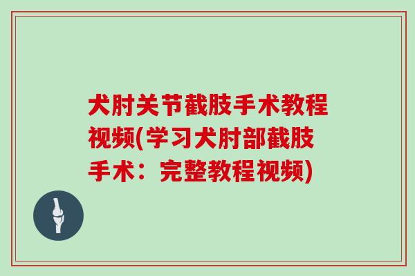 犬肘关节截肢手术教程视频(学习犬肘部截肢手术:完整教程视频) 犬肘关节截肢手术教程视频(学习犬肘部截肢手术:完整教程视频)